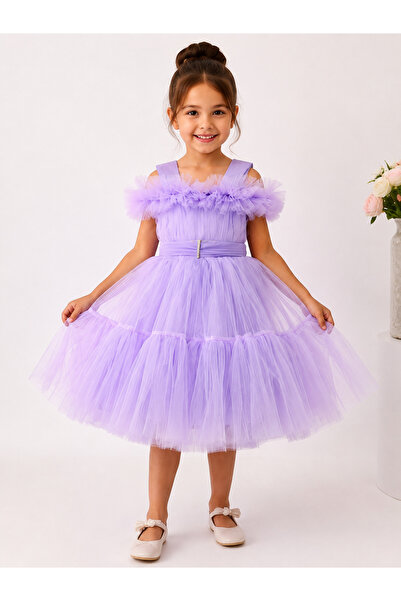 DUBAİ ÇOCUK Girl's Evening Dress with Trailing Skirt Lilac Pink Fluffy Prince...