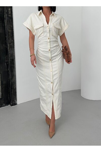 Clothes Fast Women's Naturel Maxi Shirt Collar Buttoned Hidden Zipper Pocket ...