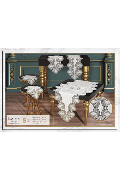 Ceki Home Set de masă 5 piese din dantelă de in, set cu traversă, cutie de ze...