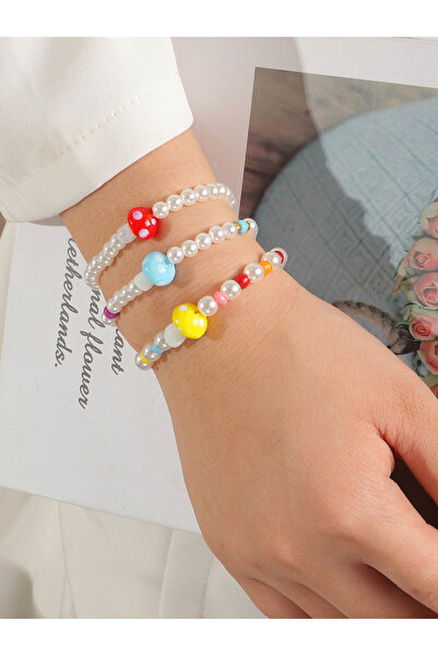 Take Two By Styli Pack of 3 Multi-Color Mushroom and Pearl Beaded Bracelet