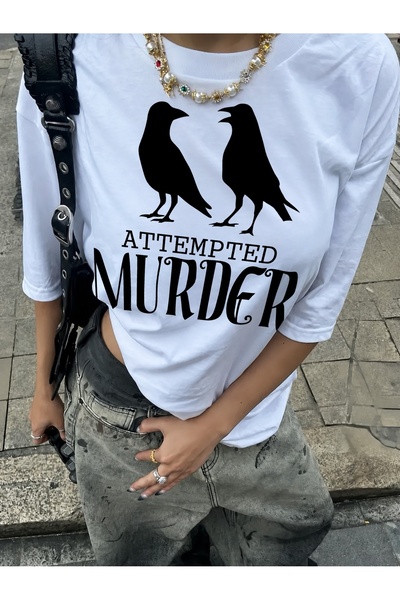Generic Brand Two Crows & Attempted Murder Text,graphic tee,women's t-shirt,c...