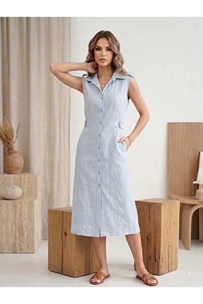 GİYİYORUM Women's Shirt Collar Sleeveless Buttoned Midi Dress