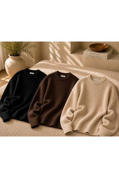 DepoExport Women's 3-Piece Crew Neck Oversize Knitwear Sweater Soft Knitted S...
