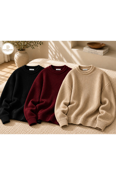 DepoExport Women's 3-Piece Crew Neck Oversize Knitwear Sweater Soft Knitted S...