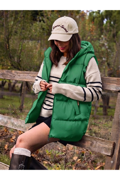 ladyzey Women's Pistachio Green Hooded Regular Puffer Vest
