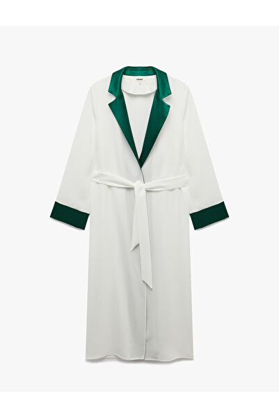 Koton Crepe Fabric Belted Long Sleeve Kimono with Contrast Detail