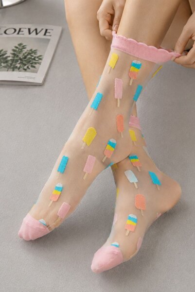 NEEWSTORE Multicolored Ice Cream Patterned Transparent Tulle Socks
