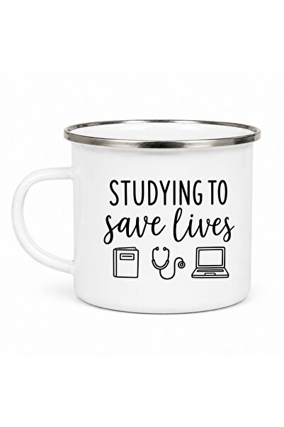 OEM Cana emailata Studying to save lives, metal emailat, alb