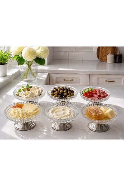 Aslı Hediyelik 6-Piece Silver Color Footed Round Glass Serving and Entertaini...
