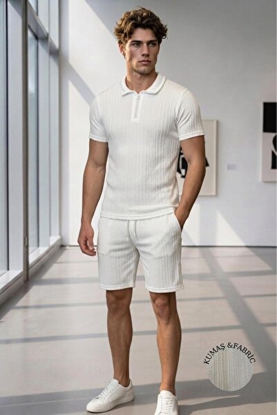 NO 601 Men's Ecru Olimpos Twill Fabric Zippered Collared Tshirt Shorts Set