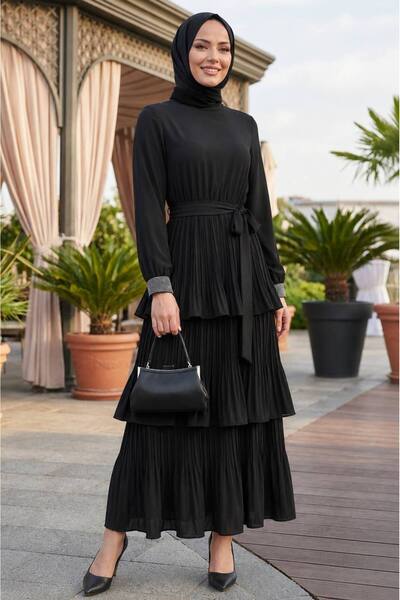 Neva Style Imported Crepe Black Layered Pleated Hijab Dress 95719S