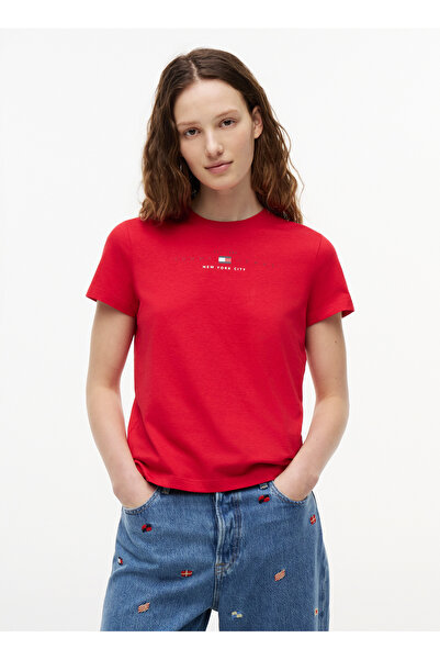 Tommy Jeans Kırmızı Kadın Bisiklet Yaka Baskılı T-Shirt DW0DW22789XK9
