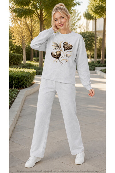 TREND EMMODA Women's Feather Detailed Leopard Heart Printed Tracksuit Set/Rou...