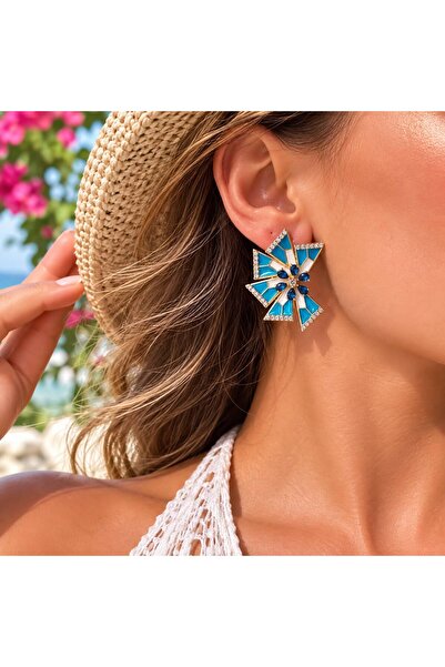 ANKA JEWELLRY Blue Flower Patterned Stone Zircon Earrings Steel Women's Earrings