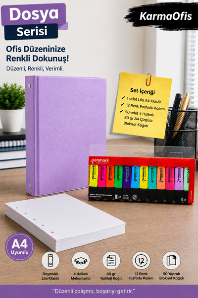 KarmaOfis A4 4-Ring Lilac Folder Set – 6 Neon 6 Pastel 12 Color Highlighters ...