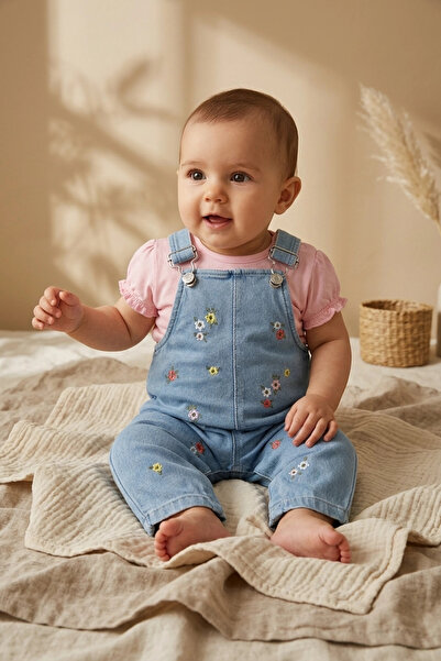 DYZSTAR Baby Girl Floral Embroidered Denim Salopet and Pink Ruffle T-Shirt 2-...