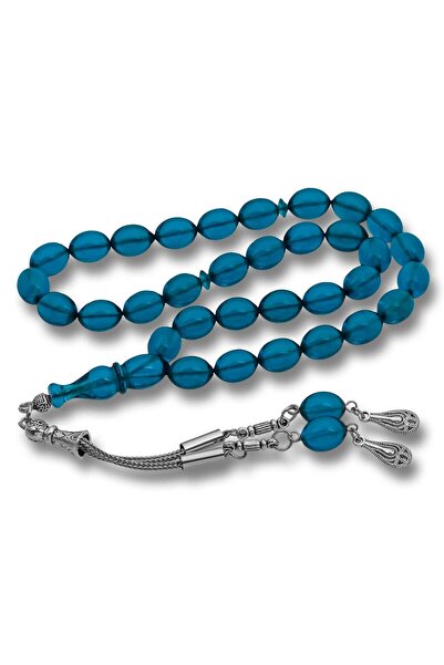 Inure Jewelry Blue Crimped Amber Prayer Beads with Metal Tassels