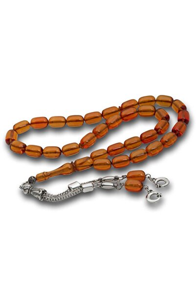 Inure Jewelry Transparent Orange Crimped Amber Prayer Beads with Metal Tassels