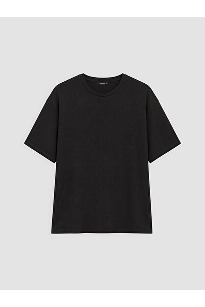 LC Waikiki Black Large Size 100% Cotton Women's T-Shirt