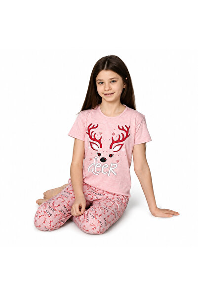 turkish Girls Pink Moose Print Pajama Set