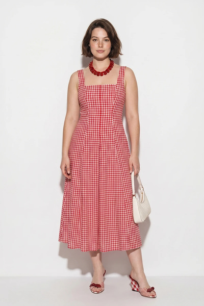 Generic Brand Women's Square Collar Gingham Patterned Thick Strap Midi Red Dress