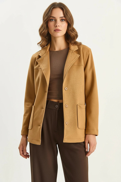 Efnaz style Women's Suede Camel Jacket with Pocket Detail and Belt