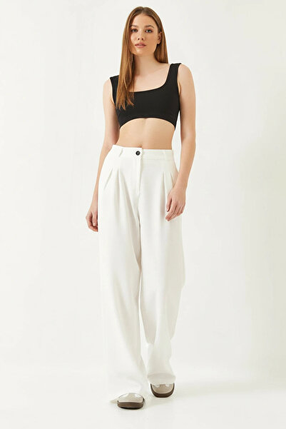 Efnaz style Women's Wide-Leg Masculine Woven White Trousers
