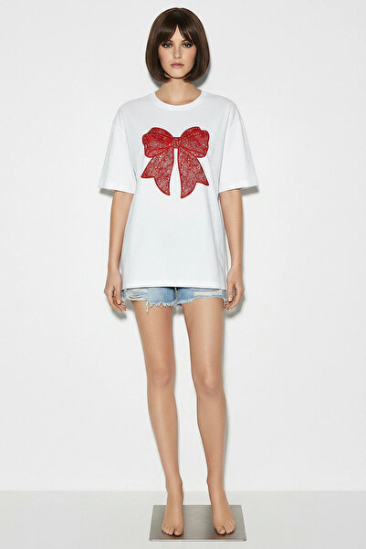 Şeker Portakalım Women's Cotton Velvet Bow Printed Oversize Crew Neck t Shirt...