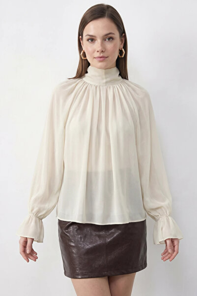 Efnaz style Women's Stand Collar Cape Cut Princess Sleeve Chiffon Cream Blouse