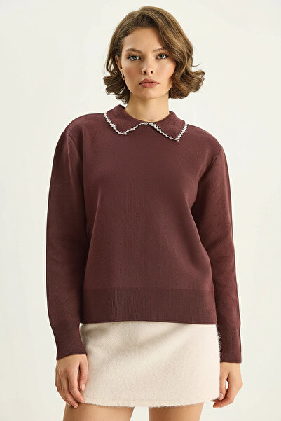 Generic Brand Women's Lace Detailed Collar Knitwear Plum Sweater