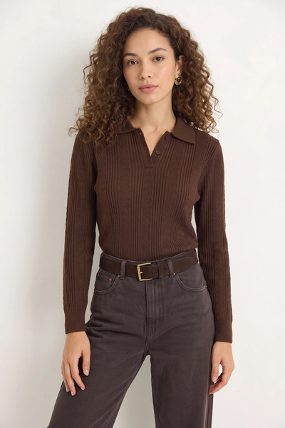Efnaz style Women's Polo Collar Regular Fit Knitwear Brown Sweater