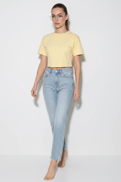 Generic Brand Bluză galbenă crop pentru femei, cu decolteu tip crewneck și cusături decorative