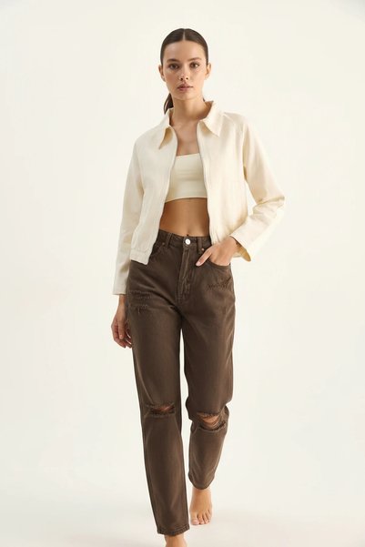 Generic Brand Jachetă de damă, sezonieră, din denim crem, cu buzunar cu fermoar