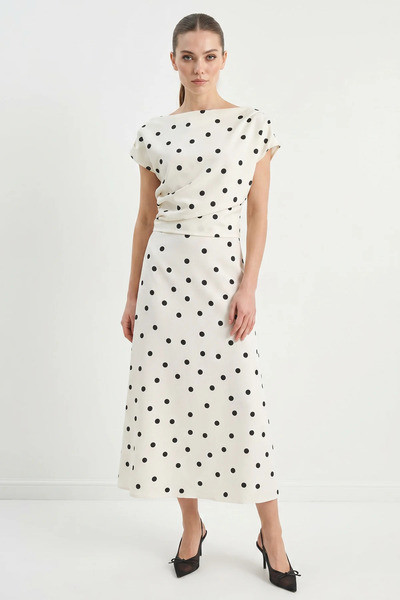 Generic Brand Women's Boat Neck Drape Detailed Polka Dot Midi Ecru Black Dress