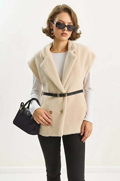 Efnaz style Women's Faux Fur Textured Belted Pocket Detailed Lined Beige Vest