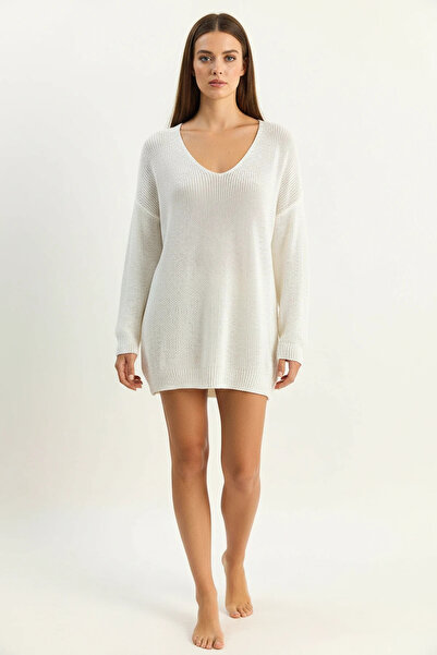 Efnaz style Women's V-Neck Lace Detailed Knitwear Ecru Sweater