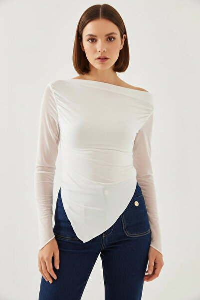 Generic Brand Women's Tulle Detailed Asymmetrical Cut White Blouse