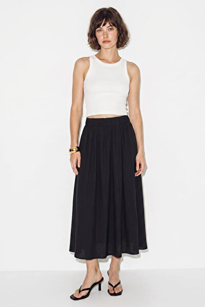 Şeker Portakalım Women's Draped Maxi Black Skirt with Elastic Waist and Pocke...