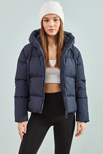 Efnaz style Women's Hooded Inflatable Navy Blue Coat