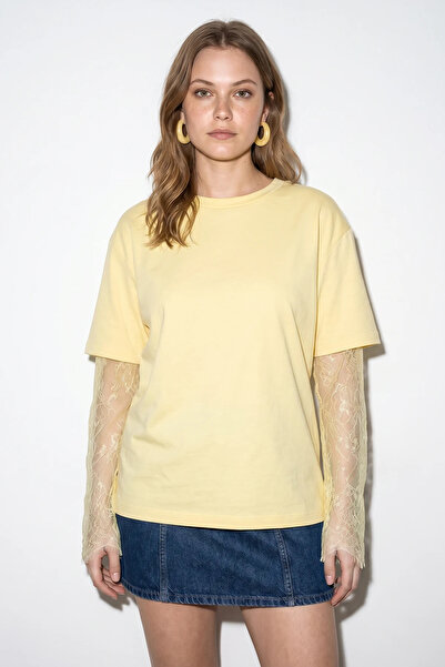 Efnaz style Women's Crew Neck Lace Sleeve Oversize Cotton t Shirt Yellow