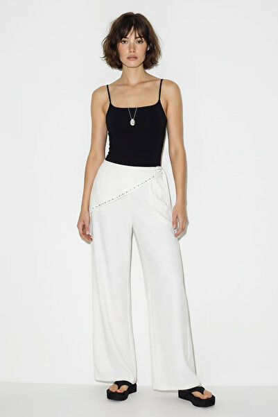 Efnaz style Women's Shiny Modal White Trousers with Elastic Waist and Pocket ...