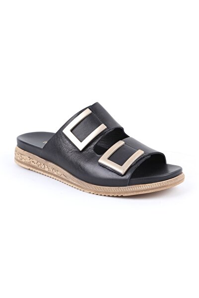 Mammamia Women's Slippers Daily Genuine Leather Double Strap Square Metal Buc...