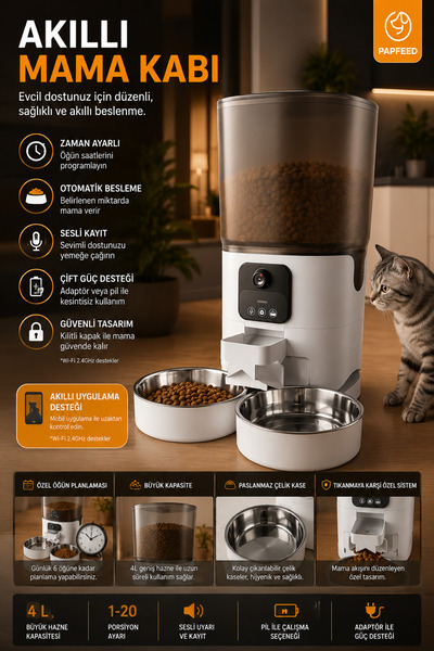 nextbuy Otomatik Akıllı Mama Kabı 6 LT Kedi Köpek Kuru Mama-Su Çelik Kase Kabı Çift Hazneli 2.4 Ghz Sesli Wifi Kameralı USB & 4x Pilli Beslenme