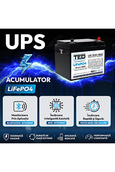 TED Electric Pachet UPS 1000VA/700W Runtime Extins cu Acumulator Extern LiFePO4 12V 50Ah, până la 6.000 de Cicluri, BMS Inteligent, Monitorizare Bluetooth, Undă Sinusoidală Pură și 2 Prize Schuko –