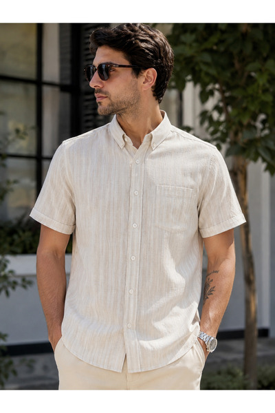 Elit Park Erkek %100 Pamuk Kısa Kollu Çizgili Cepli Classic Fit Gömlek