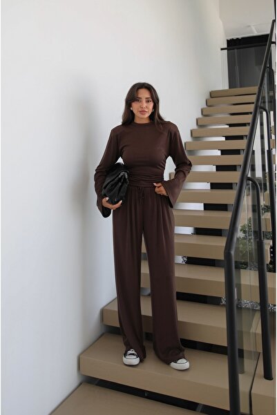 Havoş Brown Shoulder Pad Piece Blouse Pants Set