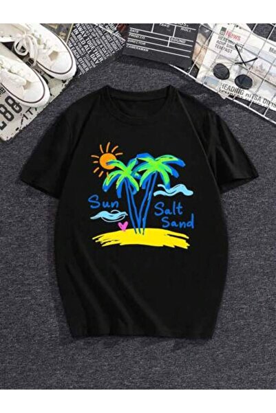 25W Women's Y2K White T-Shirt Tropical Palm Tree Sun Pattern - Crew Neck, Sho...