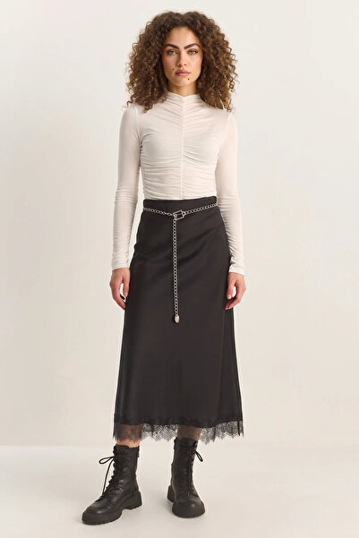 Generic Brand Women's Lace Detailed Satin Maxi Black Skirt