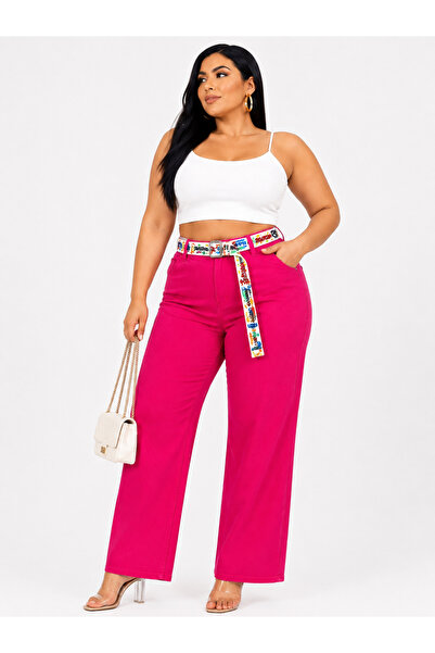 ZANESSI Plus Size Belted High Waist Pocketed Cotton Wide Leg Women's Trousers