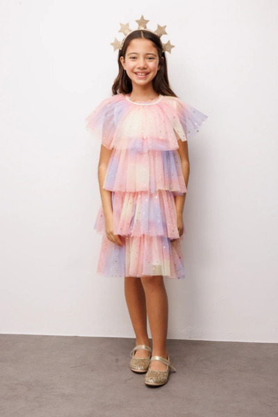 NOBLEKIDS Le Mabelle Girl's Multi-Colored Star Printed Layered Tulle Dress Es...